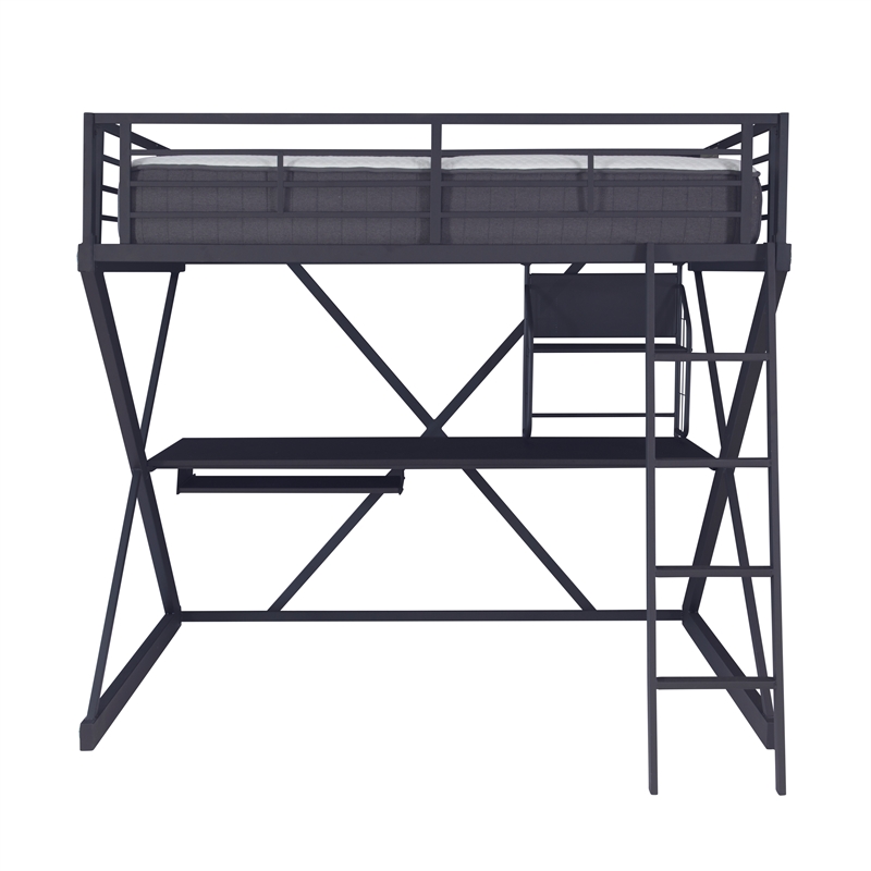 Linon Z-Bedroom Full Size Bunk Bed/Study Loft in Black Heavy Gauge Steel