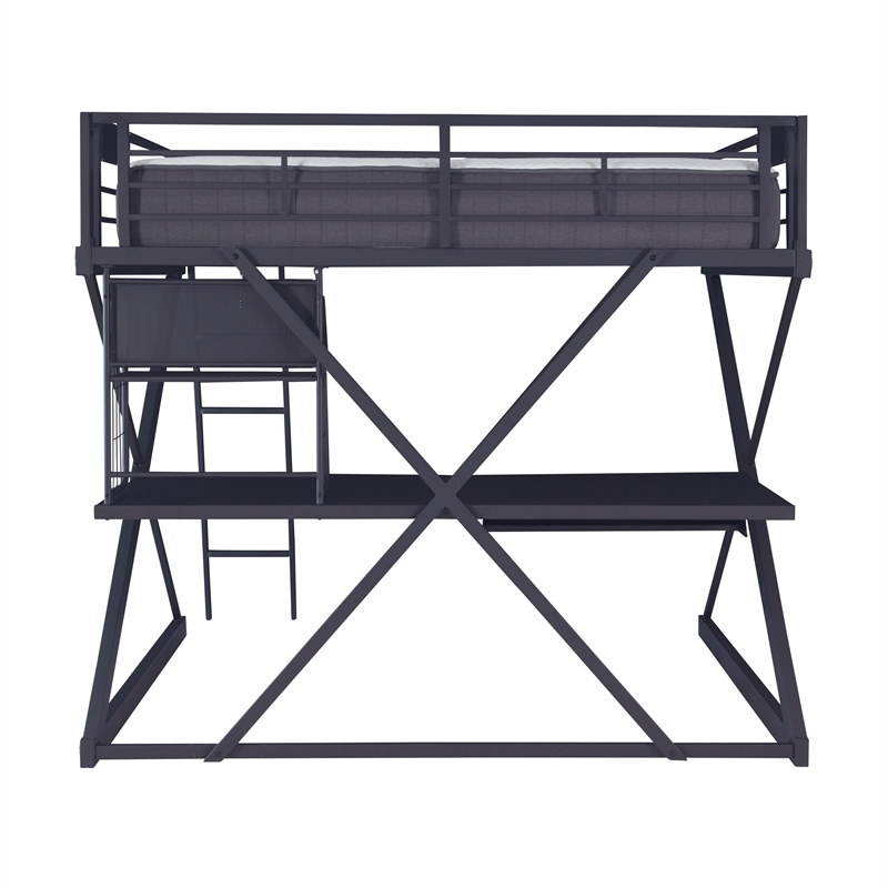 Linon Z-Bedroom Full Size Bunk Bed/Study Loft in Black Heavy Gauge Steel