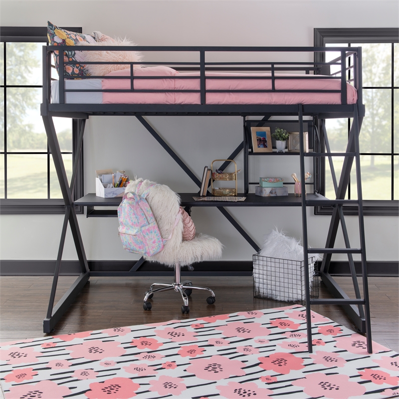 Linon Z-Bedroom Full Size Bunk Bed/Study Loft in Black Heavy Gauge Steel