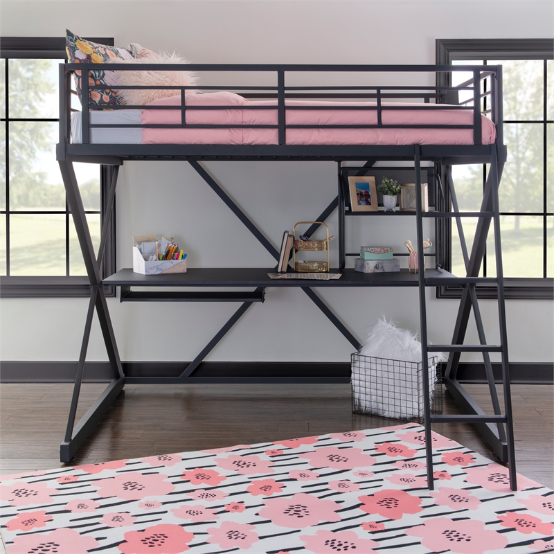 Linon Z-Bedroom Full Size Bunk Bed/Study Loft in Black Heavy Gauge Steel