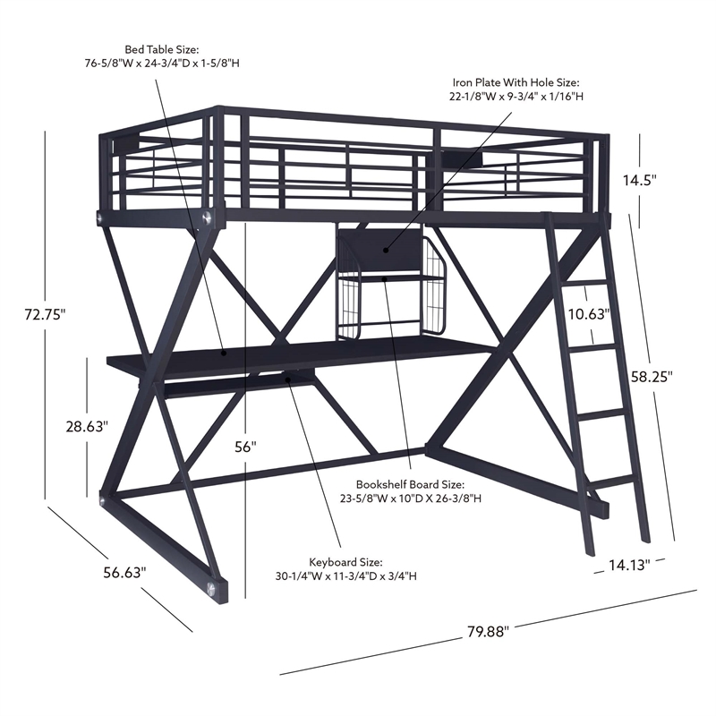 Linon Z-Bedroom Full Size Bunk Bed/Study Loft in Black Heavy Gauge Steel