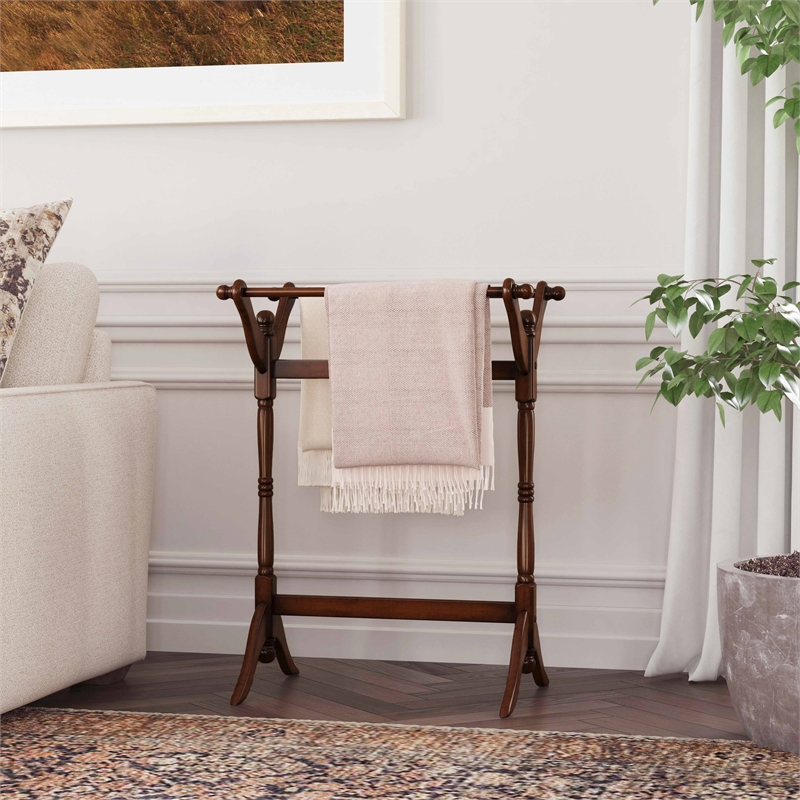 Linon Heirloom Solid Pine Wood Double Bar Blanket Rack in Cherry Stain