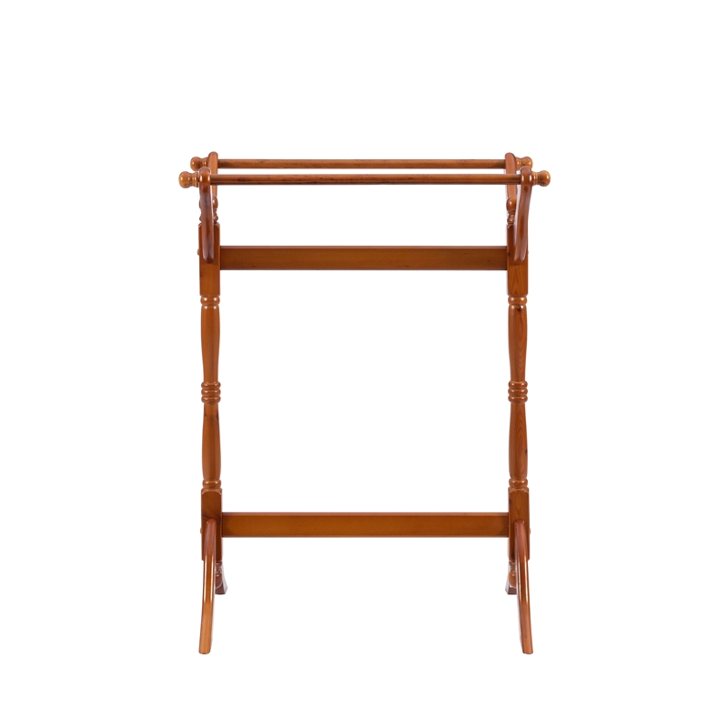 Linon Heirloom Solid Pine Wood Double Bar Blanket Rack in Oak Brown Stain