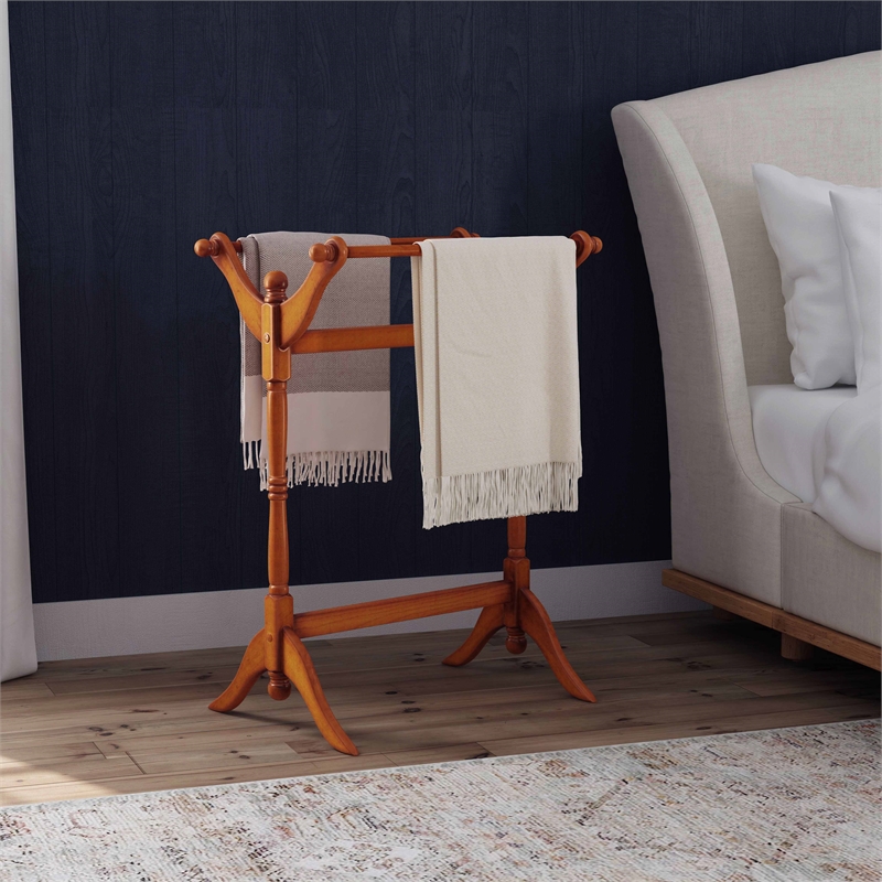 Linon Heirloom Solid Pine Wood Double Bar Blanket Rack in Oak Brown Stain