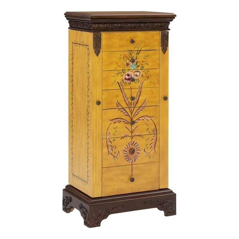 Linon Masterpiece Hand Painted Jewelry Armoire in Antique Parchment Yellow Wood