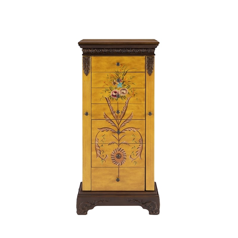 Linon Masterpiece Hand Painted Jewelry Armoire in Antique Parchment Yellow Wood