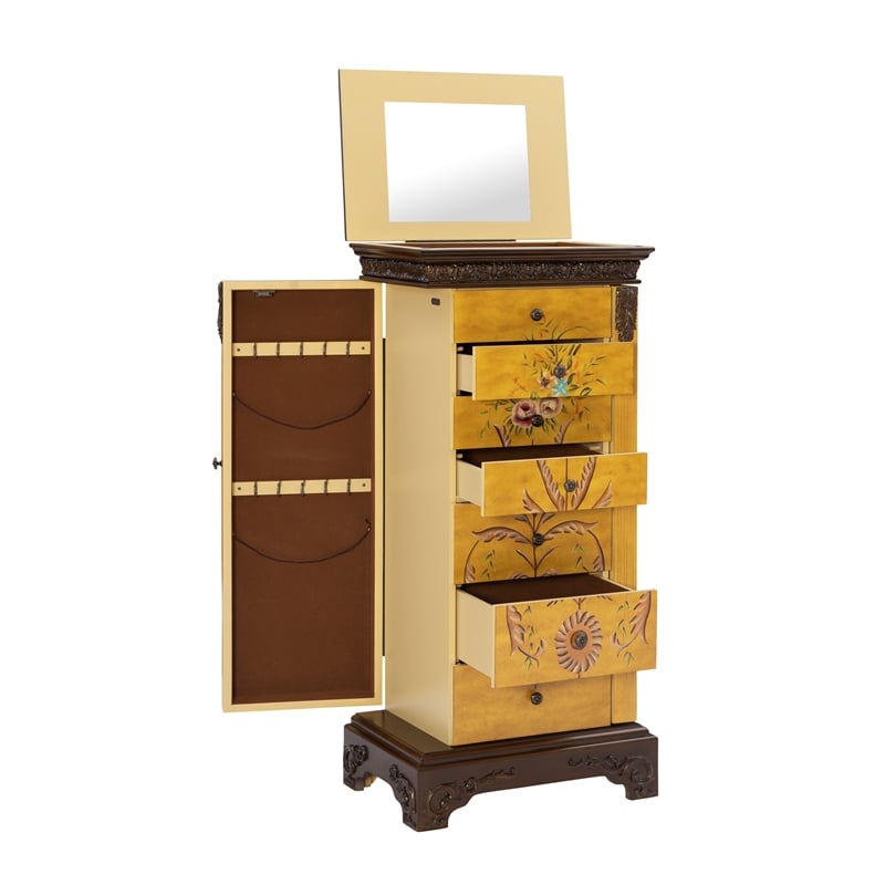 Linon Masterpiece Hand Painted Jewelry Armoire in Antique Parchment Yellow Wood