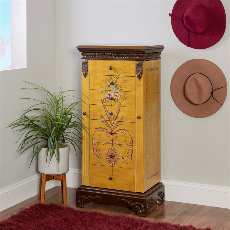 Linon Masterpiece Hand Painted Jewelry Armoire in Antique Parchment Yellow Wood