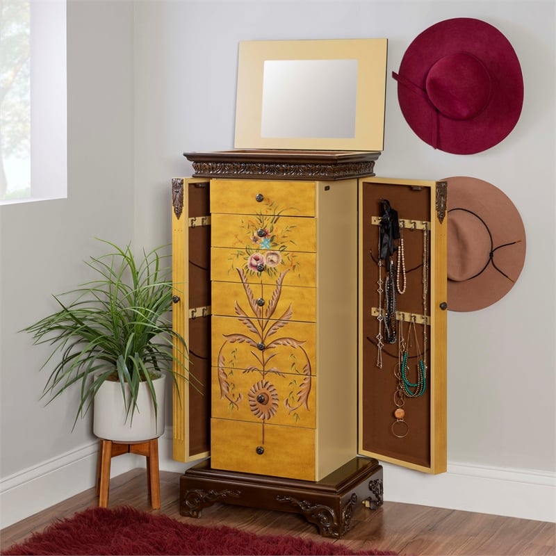 Linon Masterpiece Hand Painted Jewelry Armoire in Antique Parchment Yellow Wood
