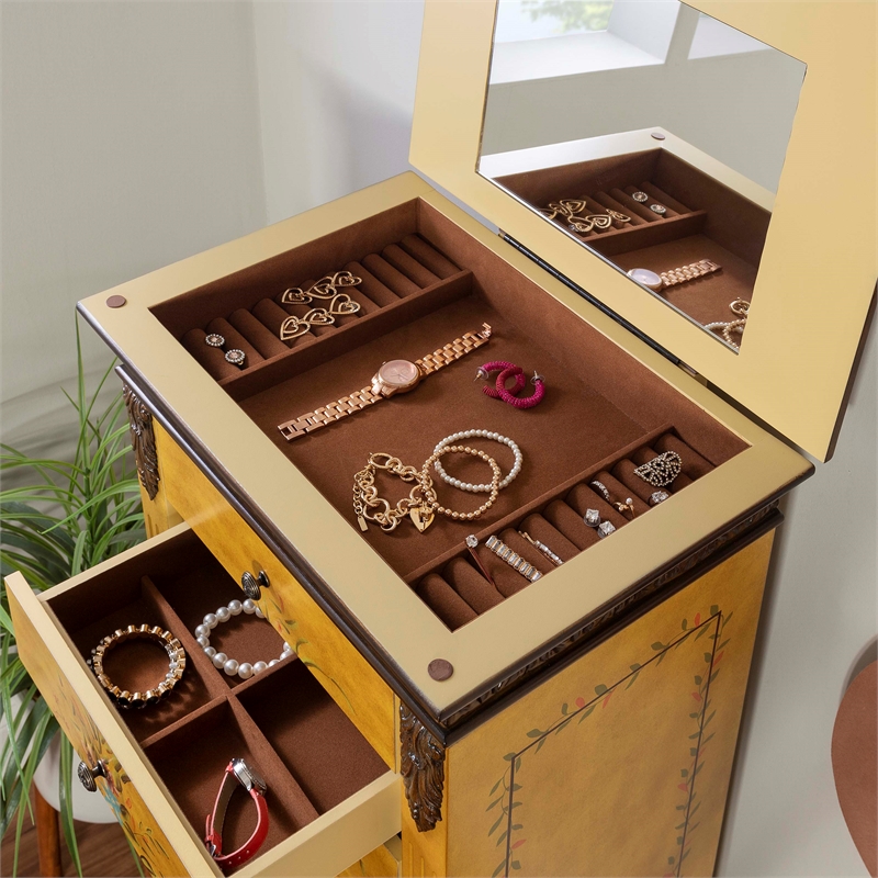 Linon Masterpiece Hand Painted Jewelry Armoire in Antique Parchment Yellow Wood