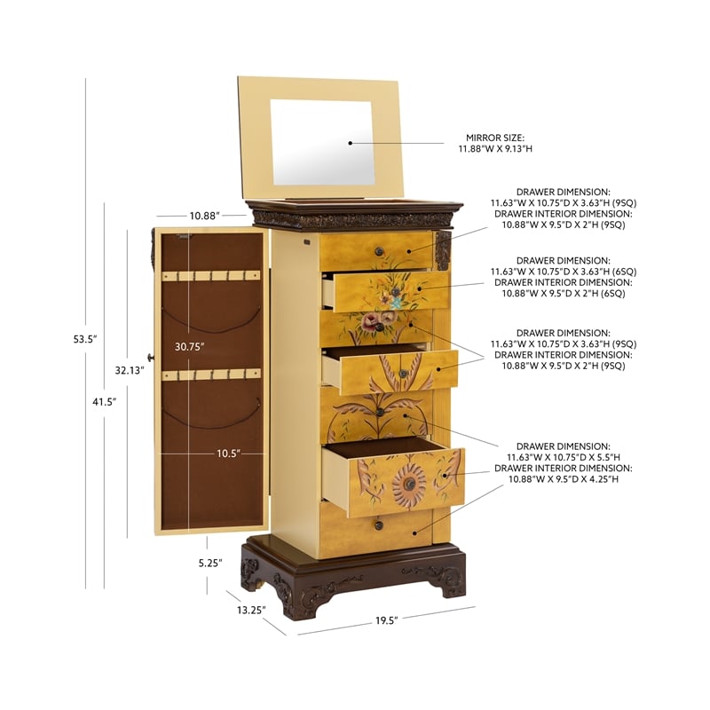Linon Masterpiece Hand Painted Jewelry Armoire in Antique Parchment Yellow Wood