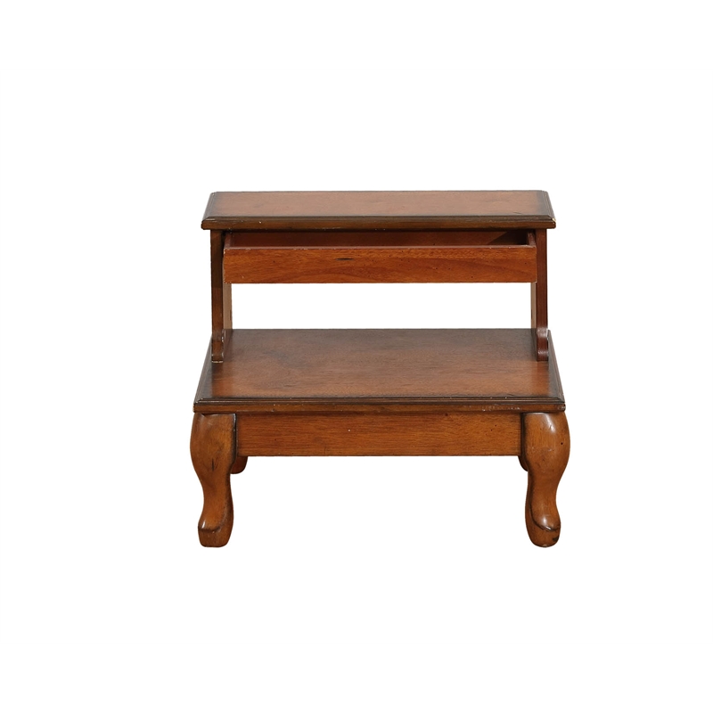 Linon Beatrice Wood Bed Steps Queen Anne Legs & Hidden Drawer in Antique Cherry