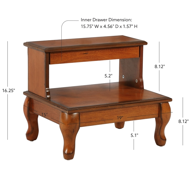 Linon Beatrice Wood Bed Steps Queen Anne Legs & Hidden Drawer in Antique Cherry