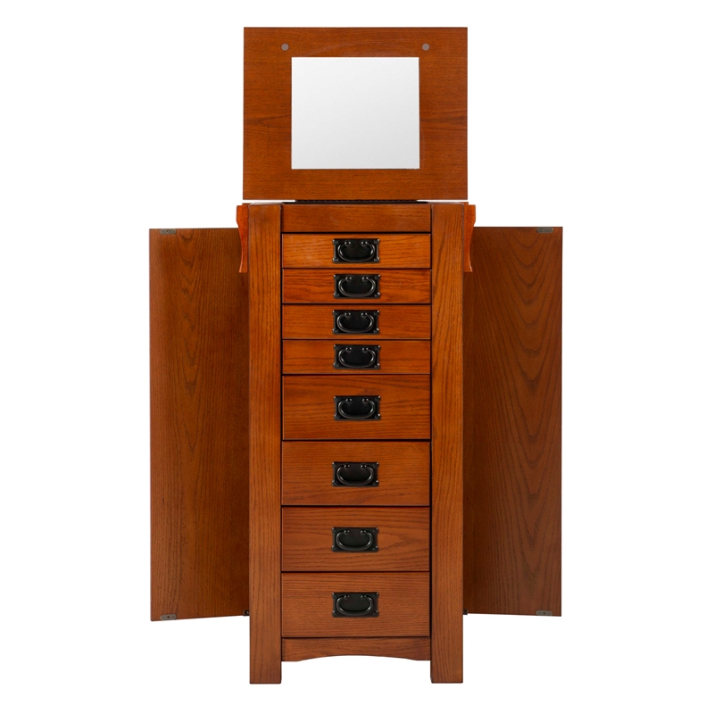 Linon Anna Lee Wood Jewelry Armoire 8 Drawers 2 Side Doors Gray Hardware in Oak