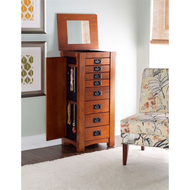 Linon Anna Lee Wood Jewelry Armoire 8 Drawers 2 Side Doors Gray Hardware in Oak