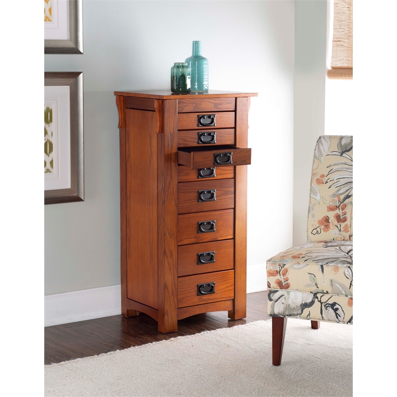 Linon Anna Lee Wood Jewelry Armoire 8 Drawers 2 Side Doors Gray Hardware in Oak