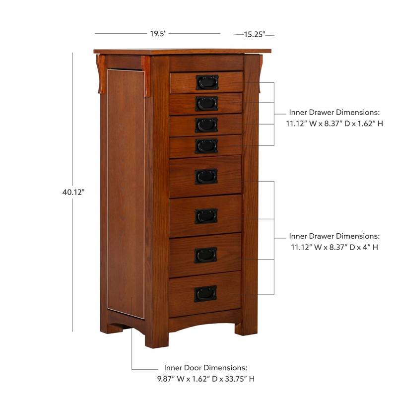 Linon Anna Lee Wood Jewelry Armoire 8 Drawers 2 Side Doors Gray Hardware in Oak