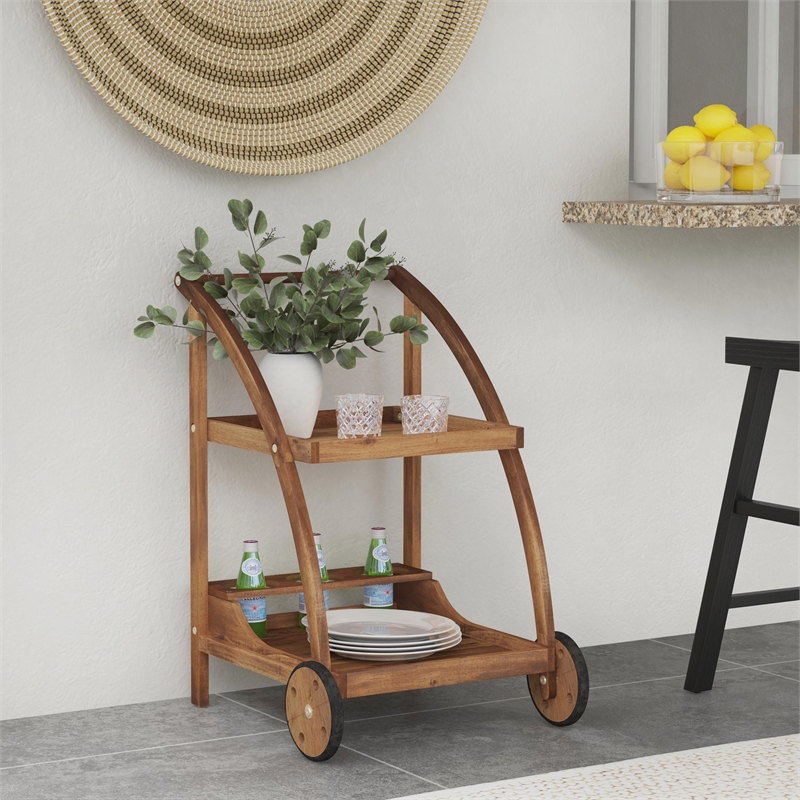 Linon Catalan Outdoor Serving Trolley 2 Levels with Wheels in Acorn Brown Wood