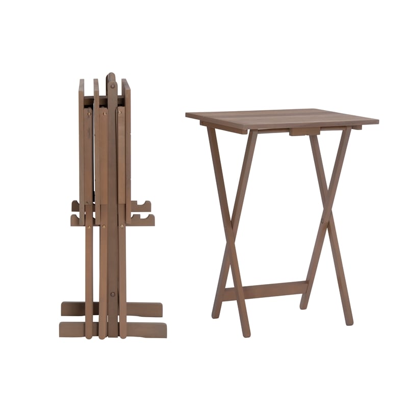 Linon Acacia Wood Five Piece Tray Table Set with Planked Distressed Top in Gray