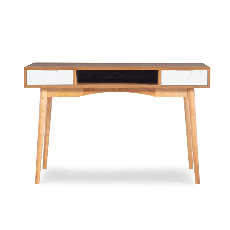Linon Perry Wood Two Drawer Writing Desk in White and Natural