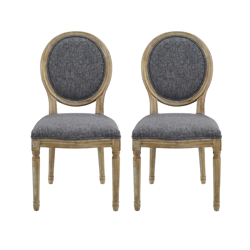 Linon Avalon Oak Wood Oval Back Set of Two Upholstered Dining Chairs in Charcoal