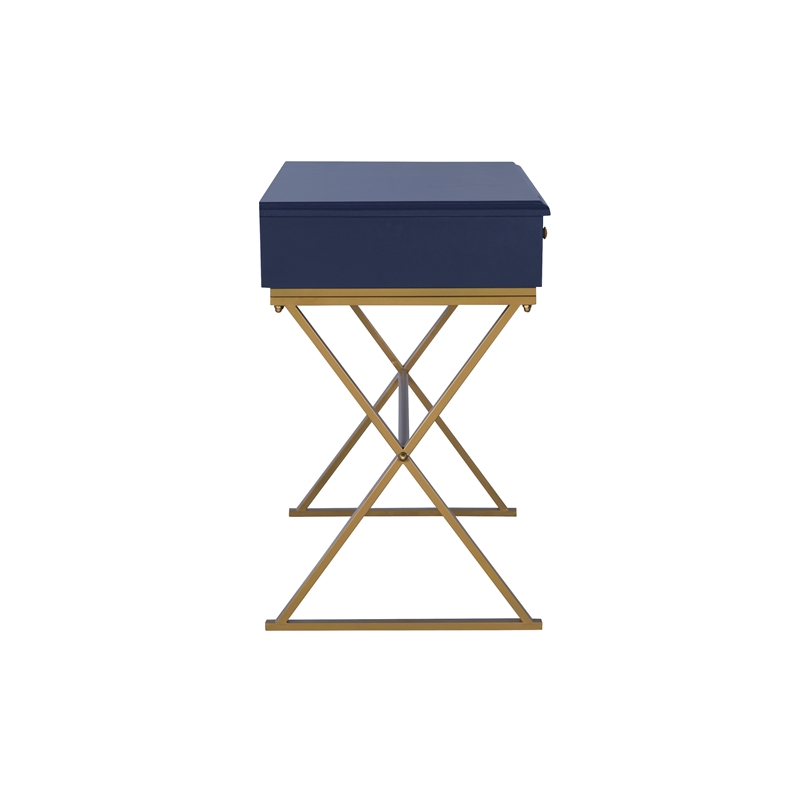 Linon Campaign Two Drawer Desk Gold Metal Criss Cross Legs Top in Blue Wood