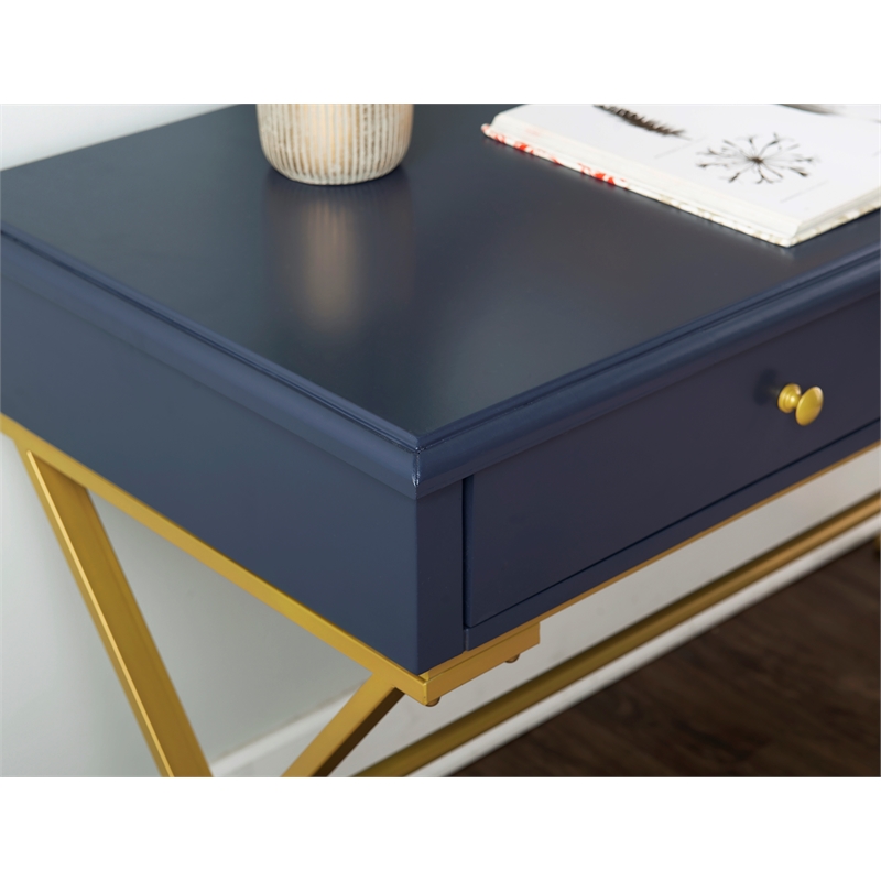 Linon Campaign Two Drawer Desk Gold Metal Criss Cross Legs Top in Blue Wood