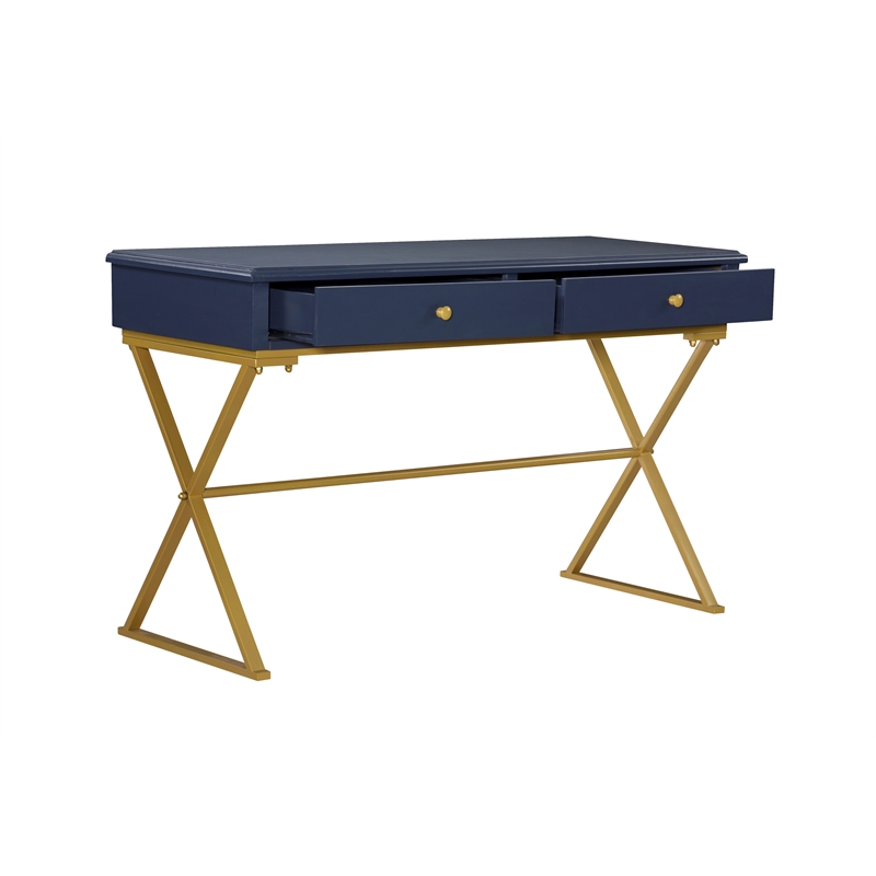 Linon Campaign Two Drawer Desk Gold Metal Criss Cross Legs Top in Blue Wood