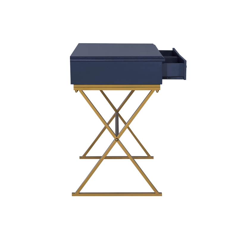 Linon Campaign Two Drawer Desk Gold Metal Criss Cross Legs Top in Blue Wood