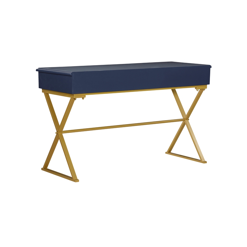 Linon Campaign Two Drawer Desk Gold Metal Criss Cross Legs Top in Blue Wood