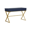 Linon Campaign Two Drawer Desk Gold Metal Criss Cross Legs Top in Blue Wood