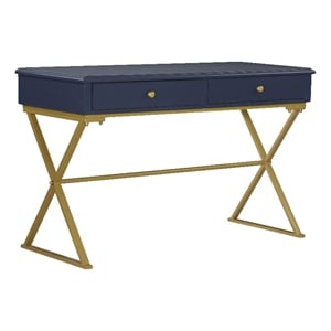 Linon Campaign Two Drawer Desk Gold Metal Criss Cross Legs Top in Blue Wood