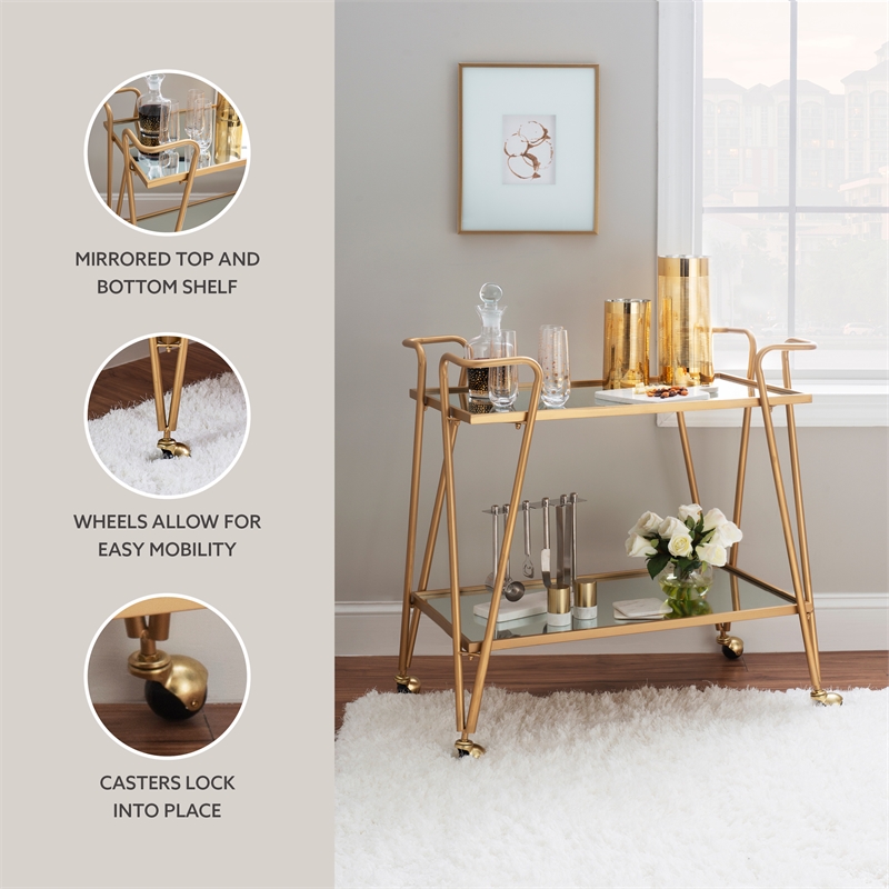 Linon Mia Metal and Mirrored Mid-Century 2 Level Rolling Bar Cart in Gold