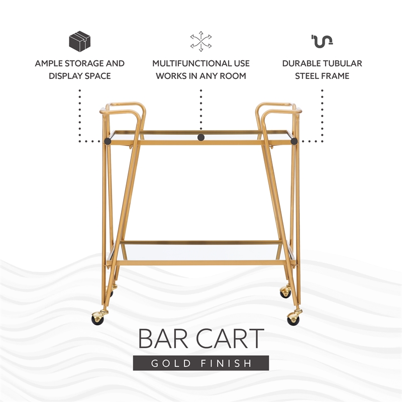 Linon Mia Metal and Mirrored Mid-Century 2 Level Rolling Bar Cart in Gold
