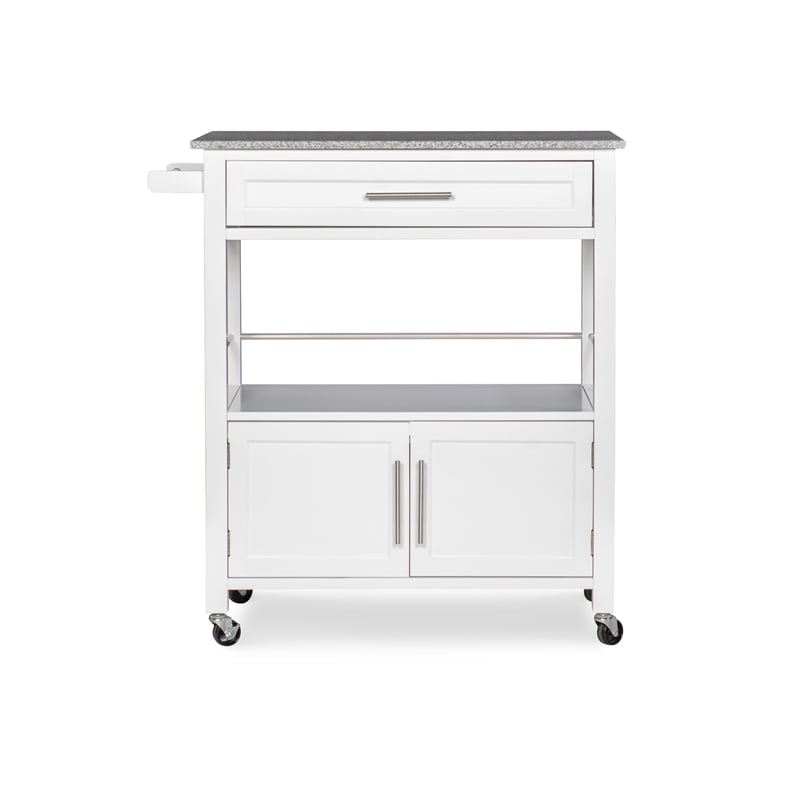 Linon Cameron Wood Granite Top Rolling Kitchen Cart Ample Storage in White