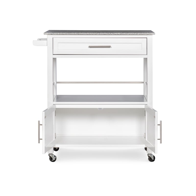 Linon Cameron Wood Granite Top Rolling Kitchen Cart Ample Storage in White