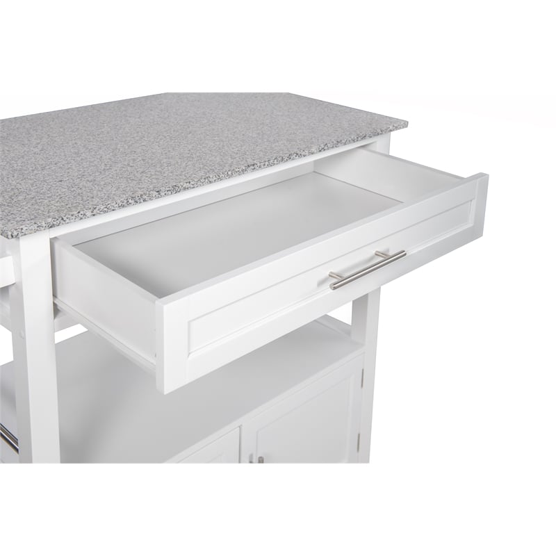 Linon Cameron Wood Granite Top Rolling Kitchen Cart Ample Storage in White