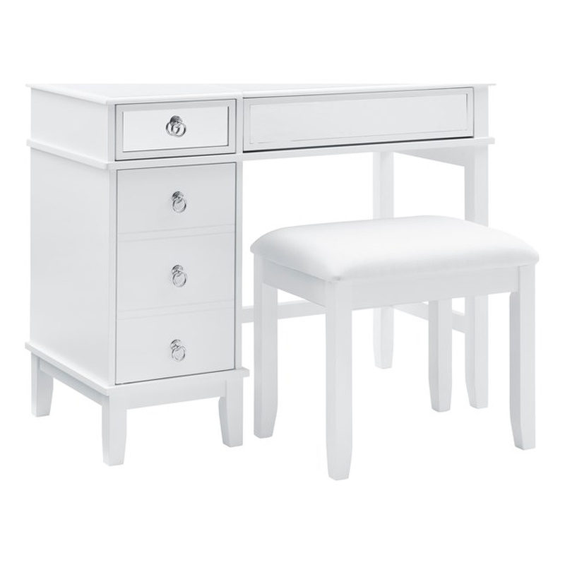 Linon Eva Wood and Mirrored Vanity & Stool Set with Storage in White