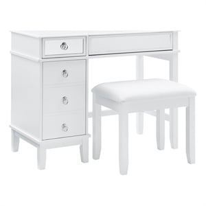 Linon Eva Wood and Mirrored Vanity & Stool Set with Storage in White