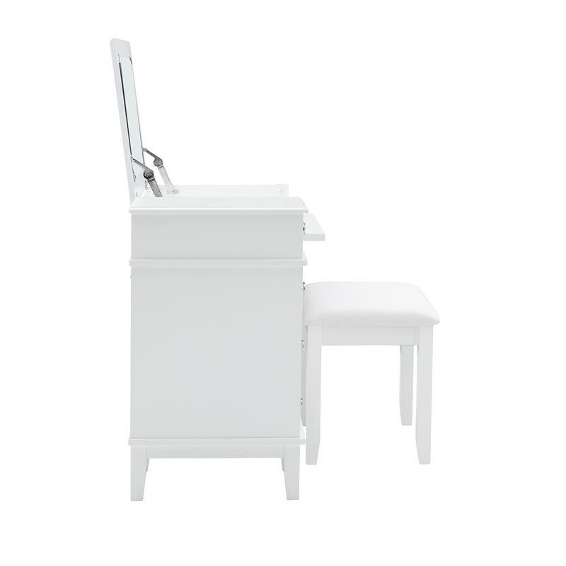 Linon Eva Wood and Mirrored Vanity & Stool Set with Storage in White