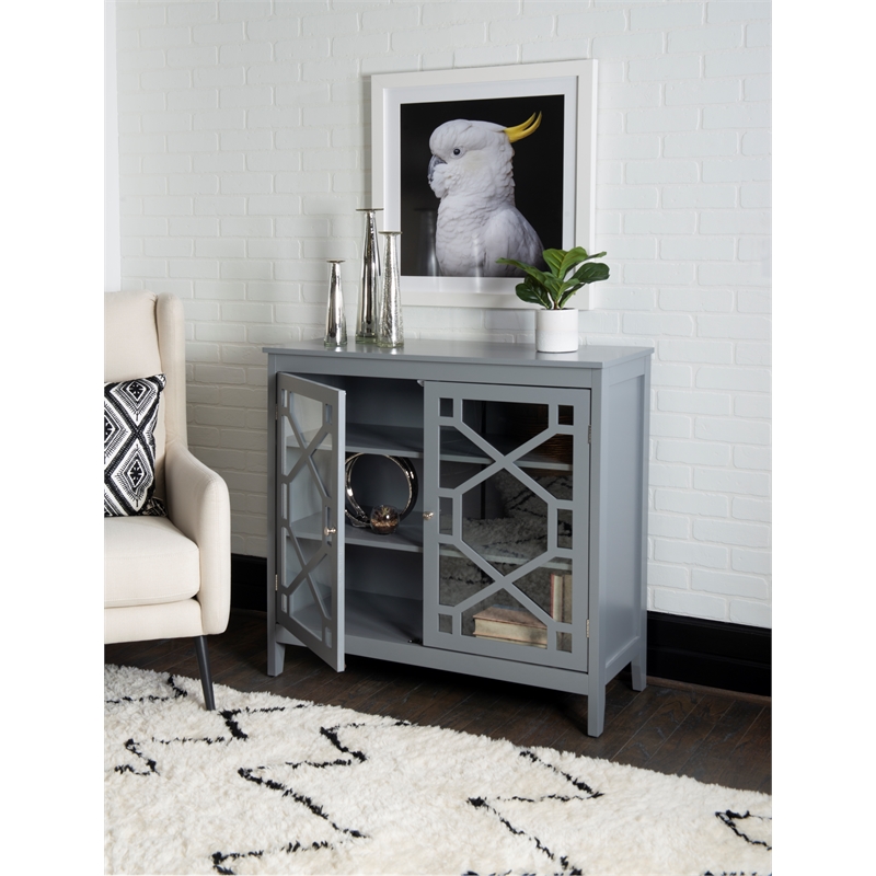 Linon Betty Large Wood Cabinet with 2 Glass Paneled Doors and 3 Shelves in Gray