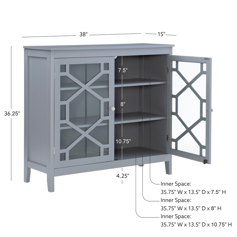 Linon Betty Large Wood Cabinet with 2 Glass Paneled Doors and 3 Shelves in Gray
