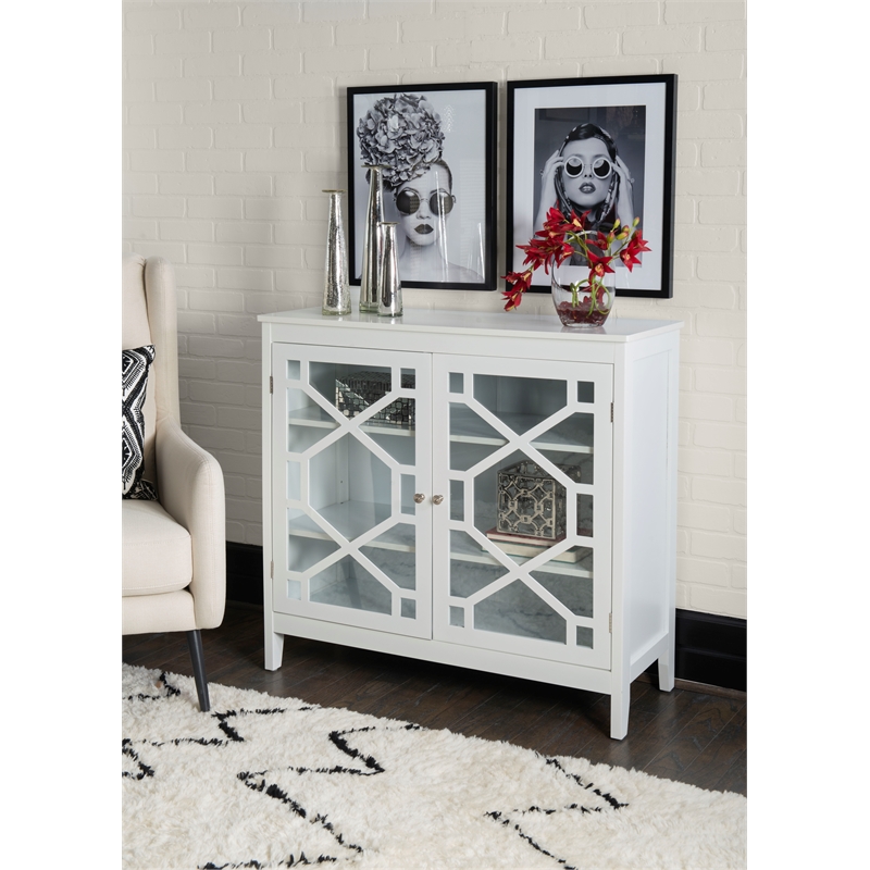 Linon Betty Large Wood Cabinet with 2 Glass Paneled Doors and 3 Shelves in White