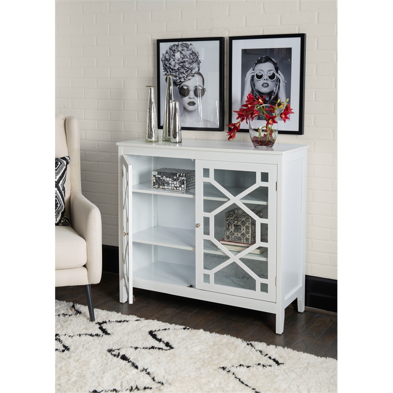 Linon Betty Large Wood Cabinet with 2 Glass Paneled Doors and 3 Shelves in White