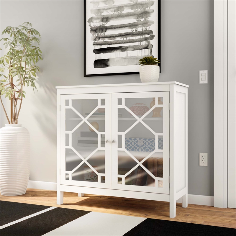Linon Betty Large Wood Cabinet with 2 Glass Paneled Doors and 3 Shelves in White