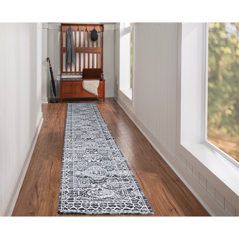Linon Vintage Hamadan Power Loomed Microfiber Polyester 2'x10' Rug in Gray