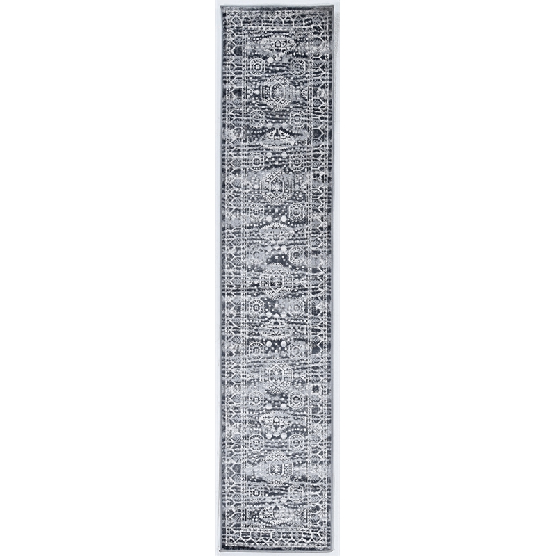 Linon Vintage Hamadan Power Loomed Microfiber Polyester 2'x10' Rug in Gray