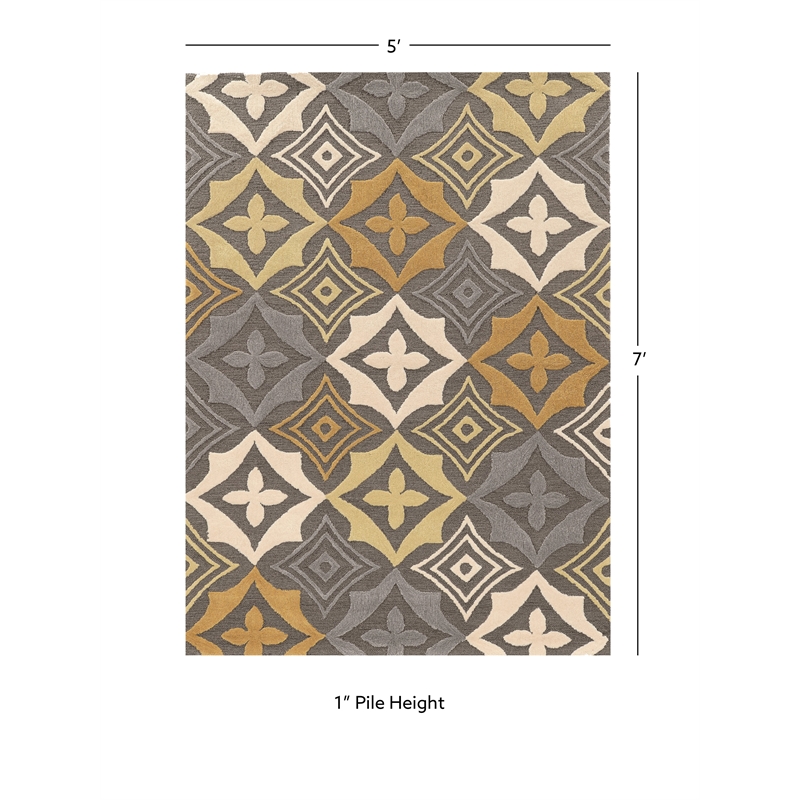 Linon Trio Emblem Hand Tufted Polyester 5'x7' Area Rug in Gray