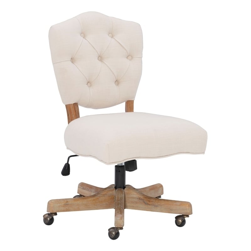 Linon Kelsey Graywash Wood Base Upholstered Tufted Swivel Office Chair in Beige