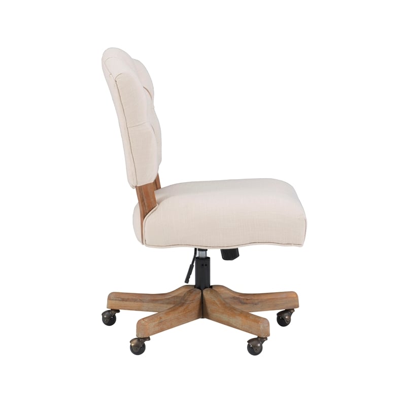 Linon Kelsey Graywash Wood Base Upholstered Tufted Swivel Office Chair in Beige